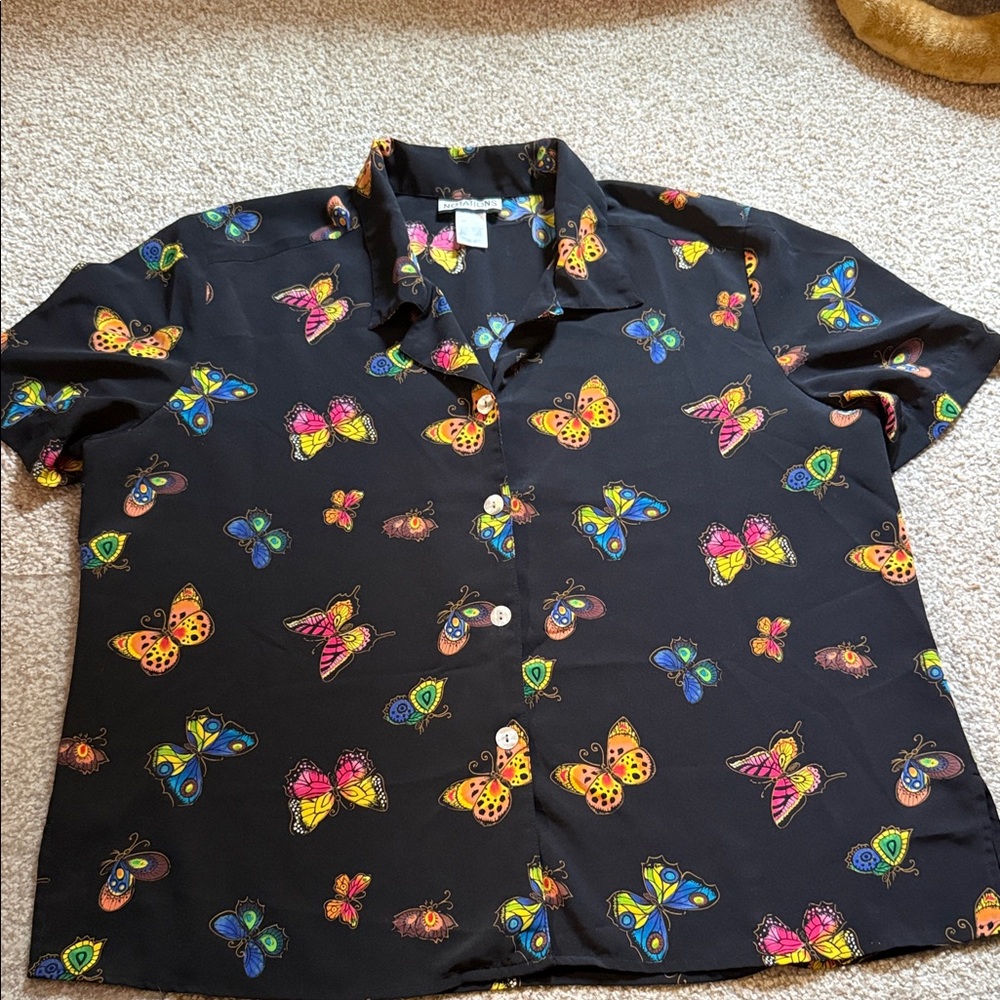 Notations Black Shirt with Colorful Butterfly Design